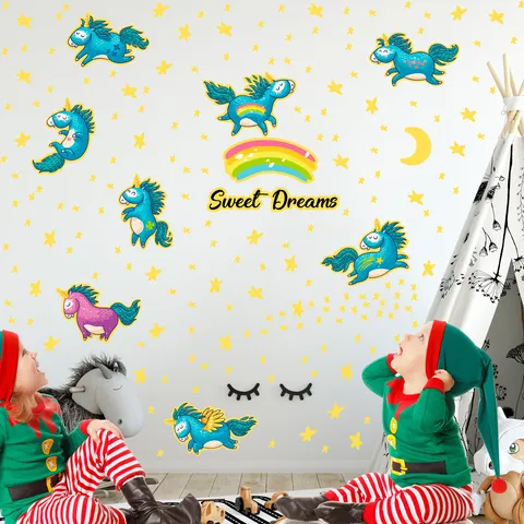 Adesivi Murali Luminosi Unicorno Stelle Luna Brillano al Buio Decals da Muro in PVC per Camera dei Bambini