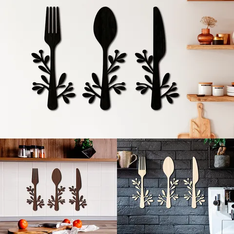 Arte de Pared de Cubiertos de Madera Decoración Cocina Letrero Colgante 3D Cubiertos Tenedor Cuchara Cuchillo Decoración para Comedor
