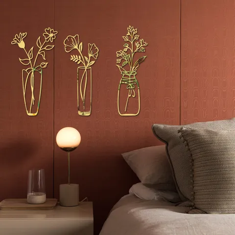 3D Acrylic Mirror Wall Stickers Flower Vase Potted Plants Self-Adhesive Wall Decals Home Decor Living Room Bedroom