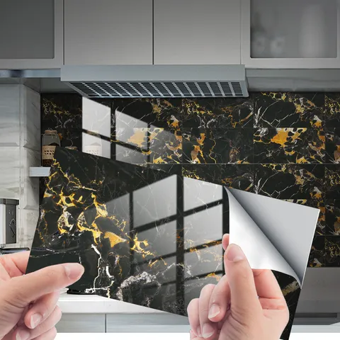 Adesivi per Piastrelle Impermeabili Design Marmo Oro Nero Pellicola di Cristallo Adesivi Murali per Cucina Bagno