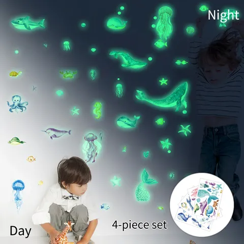 Luminous Marine Animals Wall Stickers Glow In The Dark Whale Dolphin Jellyfish Decals For Kids Room Bedroom Home Decor