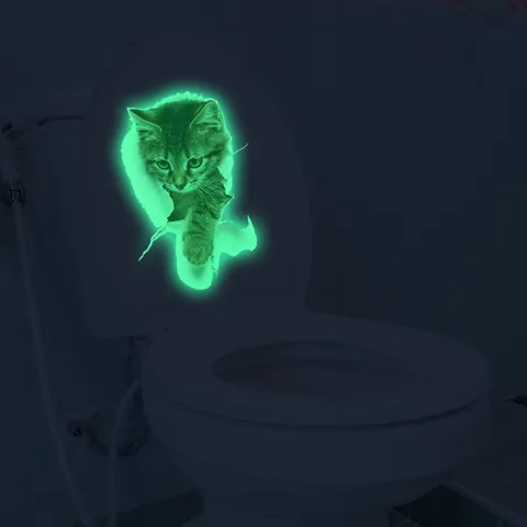 3D Breaking Wall Cat Wall Sticker Luminous Glow In The Dark Toilet Sticker Waterproof PVC Home Decor Wall Art Decal