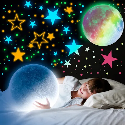 Glow in the Dark Stars and Moon Wall Stickers Colorful Luminous Star Dots Wall Decals for Kids Bedroom Nursery Ceiling Decor