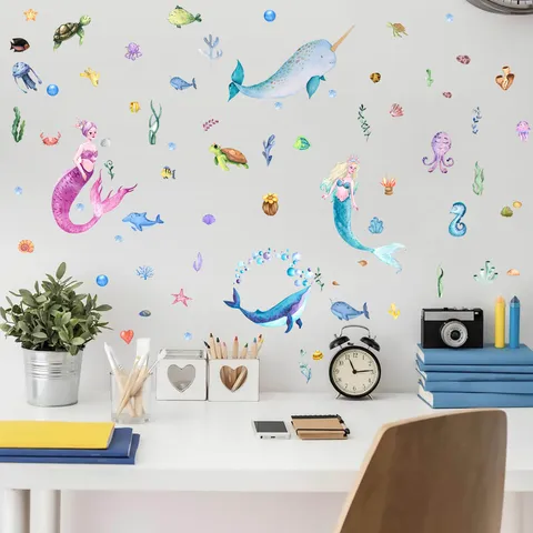 Camera Bambini Adesivo da Parete Sirena Mondo Oceanico Brilla al Buio Luminoso PVC Decals Decorativi da Parete Per Bambini