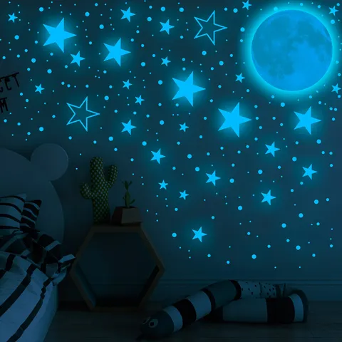 Stickers Muraux Étoiles et Lune Lumineux Autocollants Fluorescents pour Chambre d'Enfant Chambre Plafond Mur Décoration de Maison