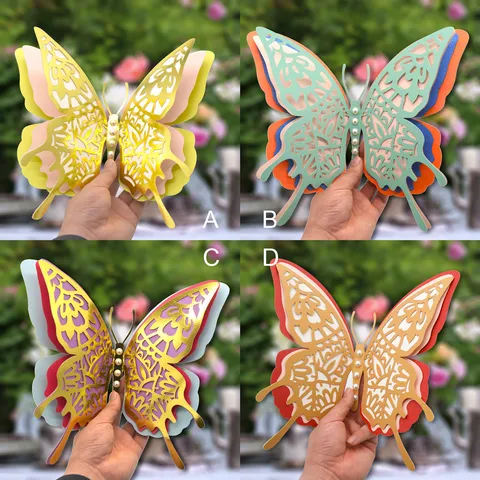 3D Holle Vlinder Muurstickers Parelmoer Papier Meerlaagse Kunst Stickers Voor Bruiloft Feest Huis Muur Decor