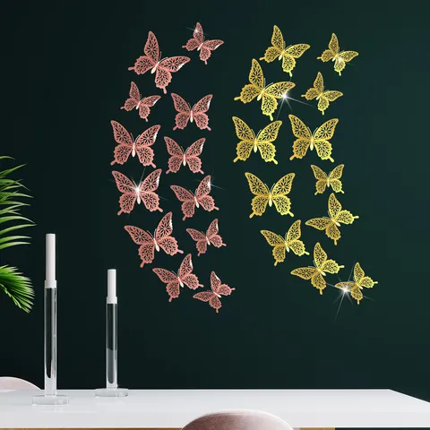 3D Hollow Butterfly Wall Stickers Gold Silver Rose Gold Metallic Texture Butterfly Wall Decals For Home Bedroom Wedding Decor
