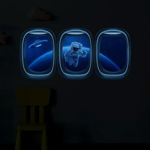 Astronaute de l'Espace Hublot d'Avion Sticker Mural Lumineux PVC Brille dans le Nuit Galaxie Étoiles Décoration de Chambre d'Enfant