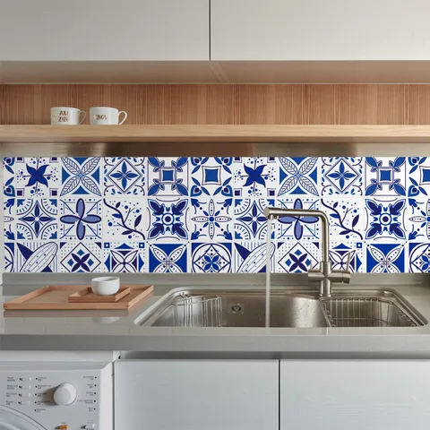 Retro Blue And White Porcelain Mosaic Tile Stickers Waterproof PVC Peel And Stick Wall Stickers For Kitchen Bathroom Home Decor DIY