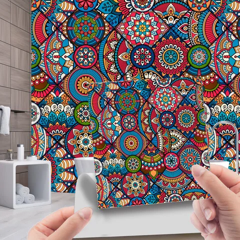 Faux Leather Waterproof Self Adhesive Wall Stickers Retro Geometric Floral Pattern Vinyl Wallpaper For Kitchen Living Room Home Decor