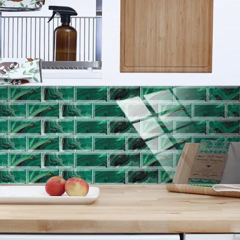Autocollants de Carrelage en Cristal Imperméables Auto-adhésifs Motif Marbre Vert Decals Muraux Pour Décoration de Rénovation de Cuisine