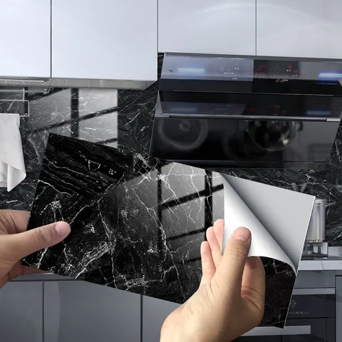 Adhesivo de Pared de PVC Mármol Negro Impermeable Autoadhesivo Azulejo Extraíble Decoración Papel Pintado