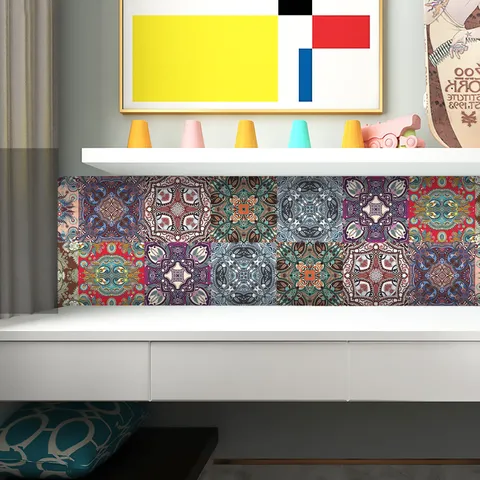 Stickers Carrelage PVC Imperméable Motif Mandala Papier Peint Autoadhésif Décoration Maison Cuisine Salon 10 Pièces