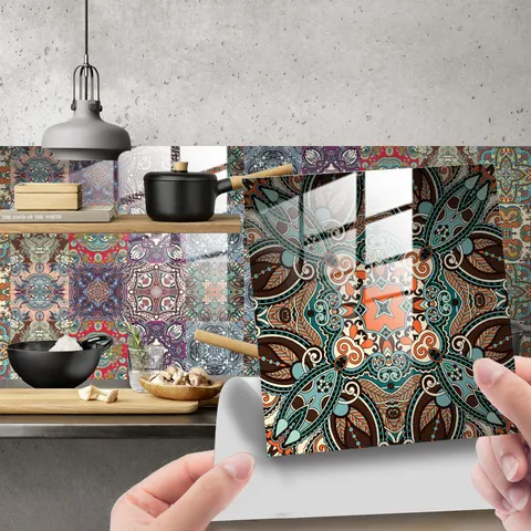 Stickers Carrelage PVC Imperméable Motif Mandala Papier Peint Autoadhésif Décoration Maison Cuisine Salon 10 Pièces