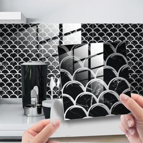 Retro Black And White Marble Pattern Fish Scale 3D Tile Stickers Waterproof Wall Decals Home Decor Renovation