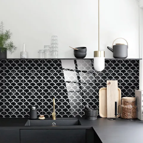 Retro Black And White Marble Pattern Fish Scale 3D Tile Stickers Waterproof Wall Decals Home Decor Renovation