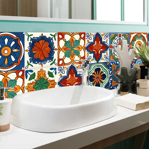 Autocollants de Carrelage Mosaïque Rétro Colorés Autocollants Muraux Auto-Adhésifs en PVC Imperméable pour Cuisine Salon Décoration de Maison