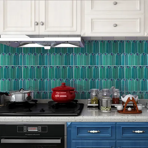 Peacock Feather Pattern Waterproof Crystal Film Wall Tile Stickers Peel And Stick Home Kitchen Bathroom Wall Renovation Decals