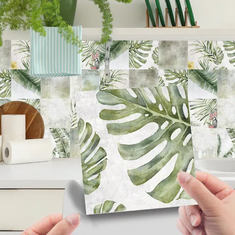 Stickers Muraux PVC Imperméables Plantes Tropicales Feuilles Motif Citron Décalcomanies De Carrelage À Peler Et Coller Pour Cuisine Salle De Bains Décoration