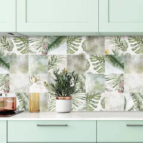 Stickers Muraux PVC Imperméables Plantes Tropicales Feuilles Motif Citron Décalcomanies De Carrelage À Peler Et Coller Pour Cuisine Salle De Bains Décoration