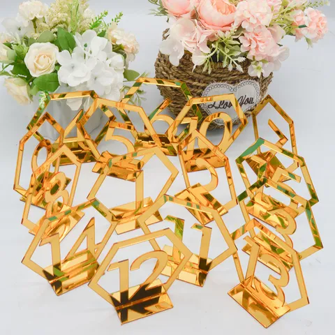 Modern Minimalistisch Acryl Tischnummer Schild Gold Silber Spiegel Sechseck Hochzeit Tischkarte Party Tischdeko