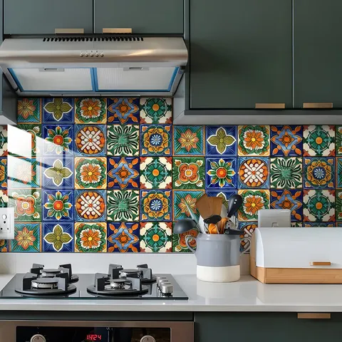 Moroccan Style Waterproof PVC Wall Stickers Tile Stickers Self Adhesive Removable Home Kitchen Bathroom Wall Decor