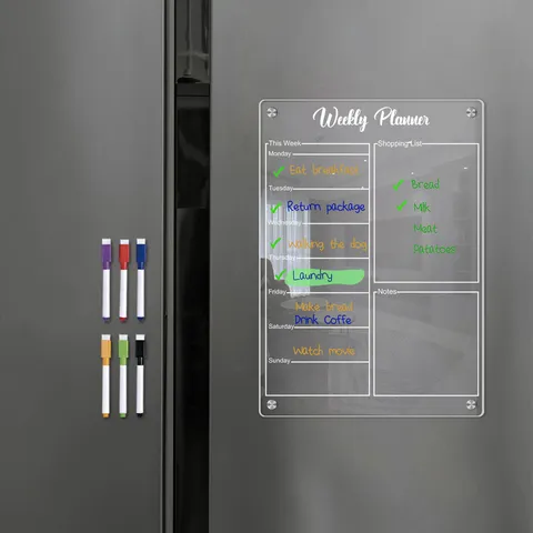 Clear Acrylic Weekly Planner Board Magnetic Refrigerator Calendar With Whiteboard Pens Dry Erase Board For Kitchen