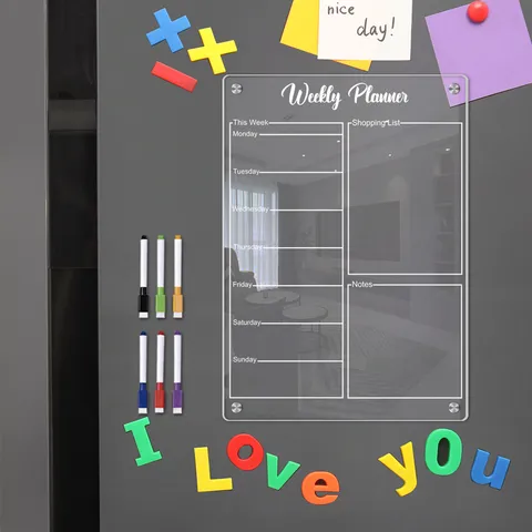 Clear Acrylic Weekly Planner Board Magnetic Refrigerator Calendar With Whiteboard Pens Dry Erase Board For Kitchen