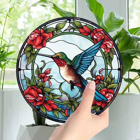 Acrylic Hummingbird Window Hanging Suncatcher Wall Decor Painted Glass Style with Metal Chain and Suction Cup for Home Room Decoration