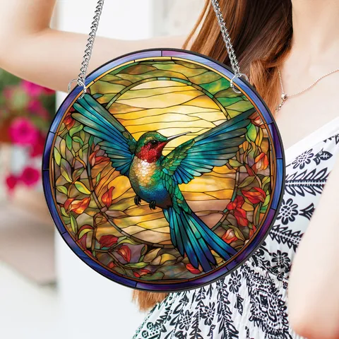 Acrylic Hummingbird Stained Glass Style Wall Hanging Ornament With Chain Hook Round Window Sun Catcher Home Decor