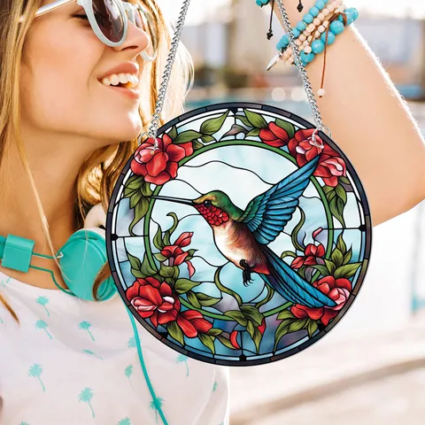 Acrylic Hummingbird Window Hanging Suncatcher Wall Decor Painted Glass Style with Metal Chain and Suction Cup for Home Room Decoration