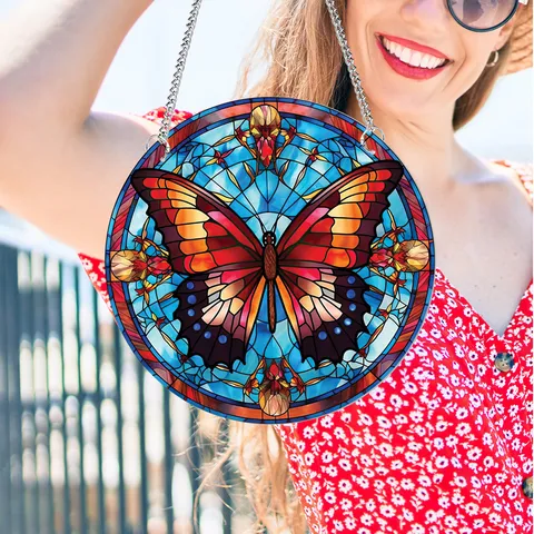 Acryl Kolibri Schmetterling Wandkunst Hängende Dekoration Buntglas Stil Fenster Hängebeschlag mit Eisenkette und Saugnapfhaken für Zuhause Wohnzimmer Schlafzimmer Outdoor