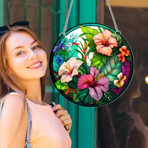 Acrylic Hummingbird Butterfly Turtle Wall Hanging Decor Tropical Floral Painted Glass Style Plaque With Metal Chain Home