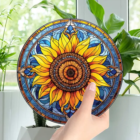 Acrylic Hummingbird Sunflower Wall Art Hanging Suncatcher Painted Glass Window Decor with Metal Chain