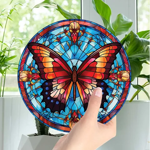 Acryl Kolibri Schmetterling Wandkunst Hängende Dekoration Buntglas Stil Fenster Hängebeschlag mit Eisenkette und Saugnapfhaken für Zuhause Wohnzimmer Schlafzimmer Outdoor