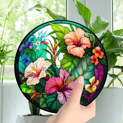 Acrylic Hummingbird Butterfly Turtle Wall Hanging Decor Tropical Floral Painted Glass Style Plaque With Metal Chain Home