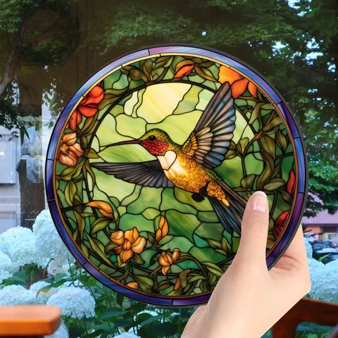 Colorful Hummingbird Acrylic Wall Hanging Decor Painted Glass Style Window Sun Catcher With Iron Chain Hook