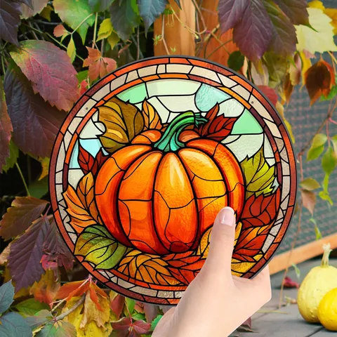 Decorazione Murale da Appendere in Acrilico con Zucca Autunnale Stile Vetro Dipinto Insegna Rotonda per Finestra con Catena Metallica e Gancio