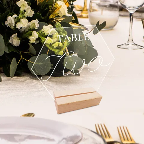 Moderno Acrílico Transparente Boda Número De Mesa Signo Hexágono Tarjeta De Sitio Con Base De Madera Para Decoración De Fiesta