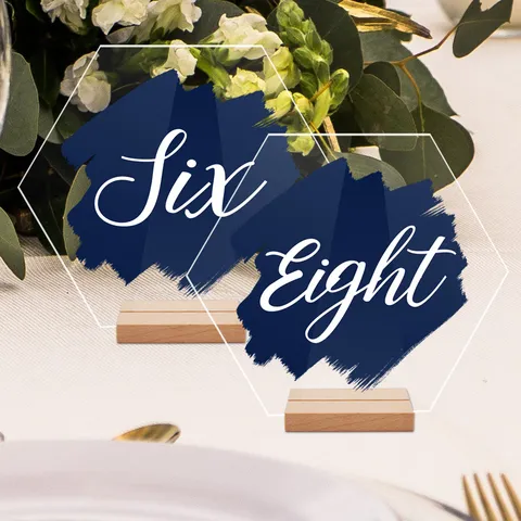 Tarjetas de Número de Mesa de Boda de Acrílico Hexágono Redondo Rectángulo Tarjetas de Sitio con Base de Madera para Fiesta
