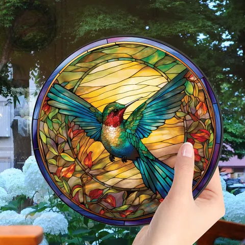 Acrylic Hummingbird Stained Glass Style Wall Hanging Ornament With Chain Hook Round Window Sun Catcher Home Decor