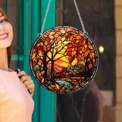 Acryl Buntglas Kolibri Wandbehang Ornament Herbstlandschaft Fensterdekor Mit Eisenkette Und Haken Für Zimmer