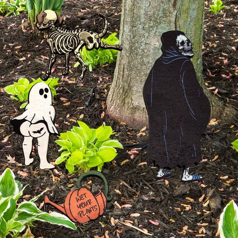 Halloween Lustige Hölzerne Pflanzenstecker Geist Skelett Sensenmann Getopfte Deko-Schilder Garten Miniatur Pflanzendekoration