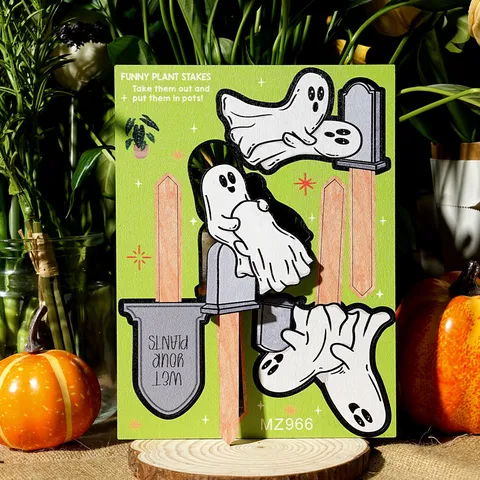 Wooden Plant Stakes Halloween Ghost Tombstone Funny Garden Decor Boxwood Miniature Potted Plant Ornaments for Home Office