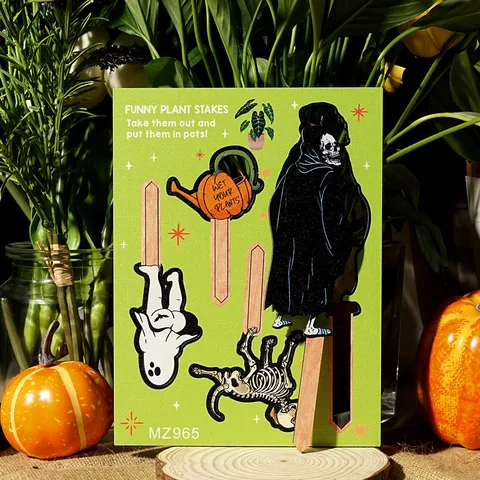 Halloween Lustige Hölzerne Pflanzenstecker Geist Skelett Sensenmann Getopfte Deko-Schilder Garten Miniatur Pflanzendekoration