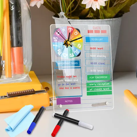 Acrylic Desktop Clock Dry Erase Message Board Multifunctional To Do List Planner Office Home Decor