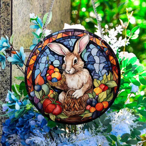 Easter Bunny Egg Acrylic Hanging Sign Stained Glass Style Rabbit Wall Plaque With Chain Hook Home Bedroom Decor
