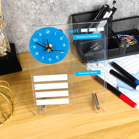 Clear Acrylic Dry Erase Board Clock Multifunctional Desktop Memo Board Calendar With Clock Movement And Markers