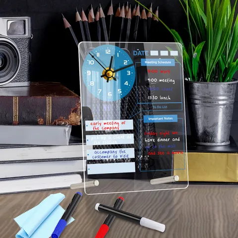 Clear Acrylic Dry Erase Board Clock Multifunctional Desktop Memo Board Calendar With Clock Movement And Markers