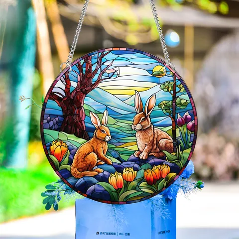 Paashaas Ei Acryl Hangend Borduursel Dubbelzijdig Gebrandschilderd Glas Stijl Wanddecoratie Met Ketting En Haak Voor Thuis Slaapkamer Woonkamer